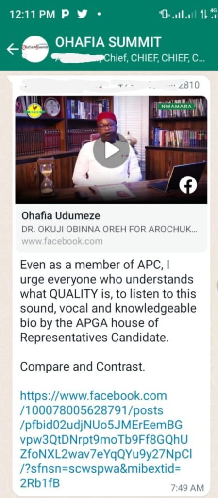 Okuji Oreh's manifesto gets thumbs-up from APC member in Ohafia 6 WhatsApp